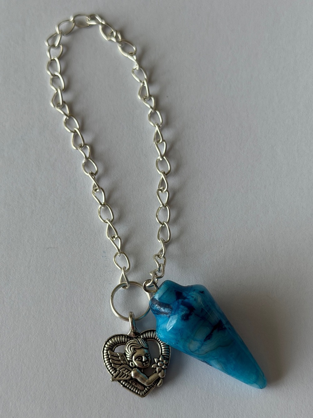 Fairy Nymph Heart Blue Dyed Crystal Quartz Scrying Pendulum 9”